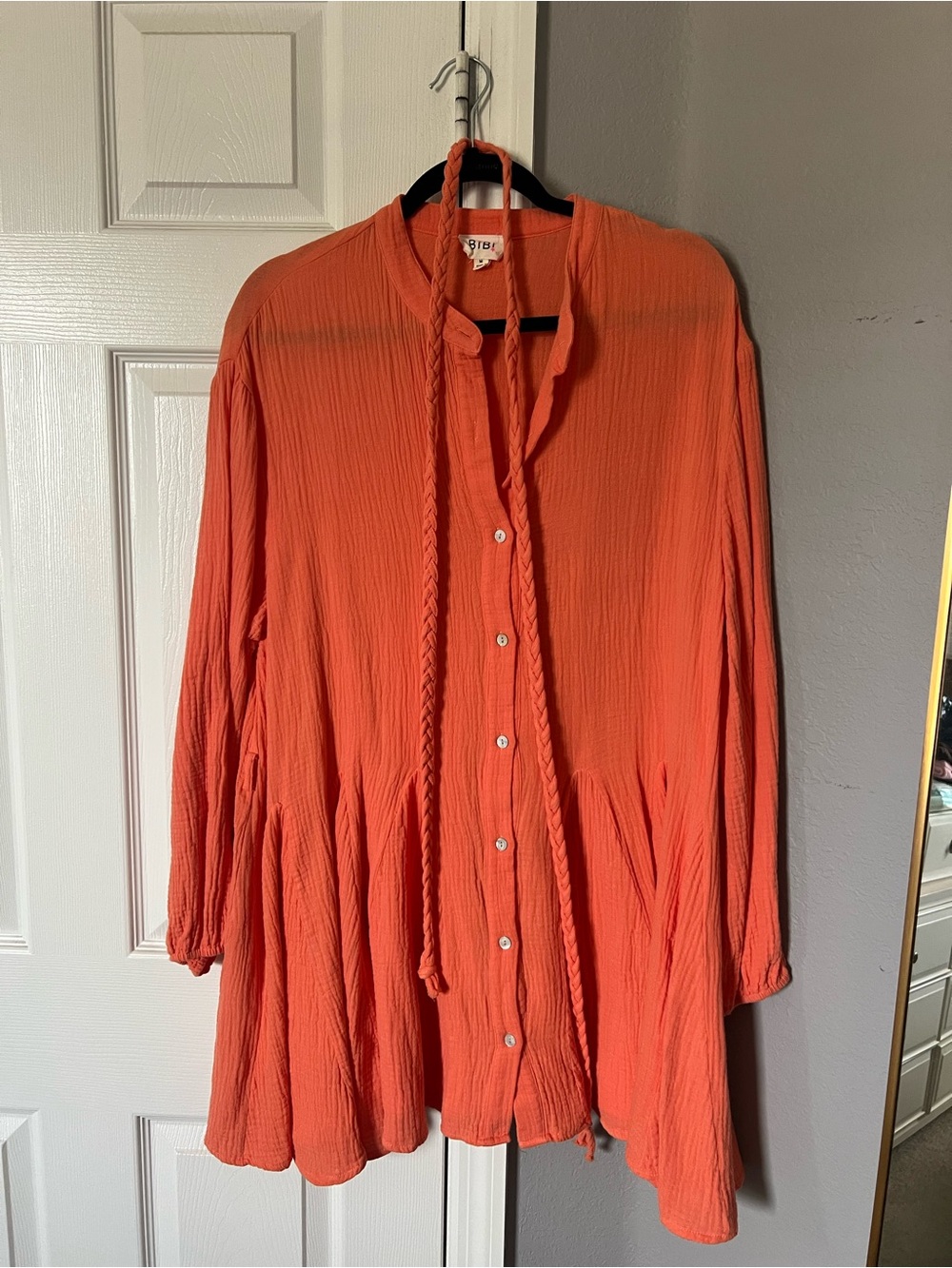 BiBi Coral-Orange Braided Tie Tunic Top